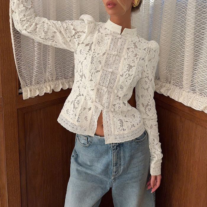 ✨Split-Joint Solid Knot Hollow Crochet Stand Collar Long Sleeve Blouse✨