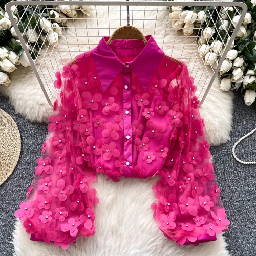 ✨Patchwork 3D Flowers Double Layer Mesh Blouse✨