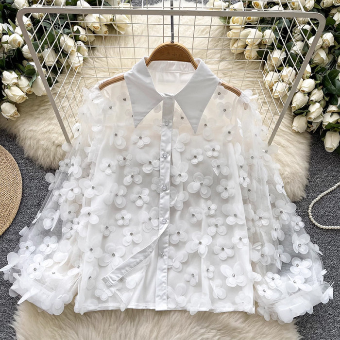 ✨Patchwork 3D Flowers Double Layer Mesh Blouse✨