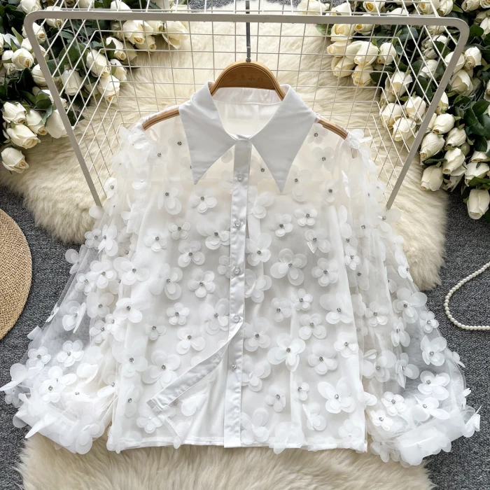 ✨Patchwork 3D Flowers Double Layer Mesh Blouse✨