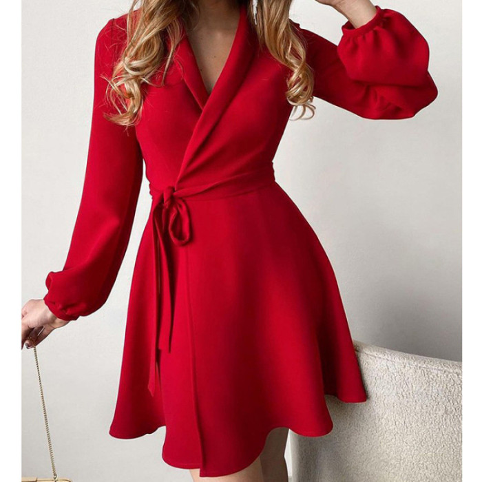 ✨Flower Print Contrast Split-Joint V Neck Tie Waist Mini Dress✨