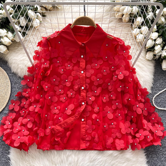 ✨Patchwork 3D Flowers Double Layer Mesh Blouse✨