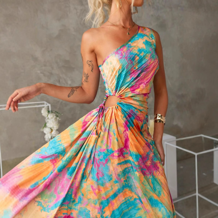 ✨Tied Waist Pleated Printed One Shoulder Sleeveless Dress✨