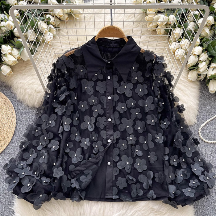 ✨Patchwork 3D Flowers Double Layer Mesh Blouse✨