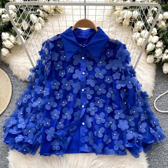 ✨Patchwork 3D Flowers Double Layer Mesh Blouse✨