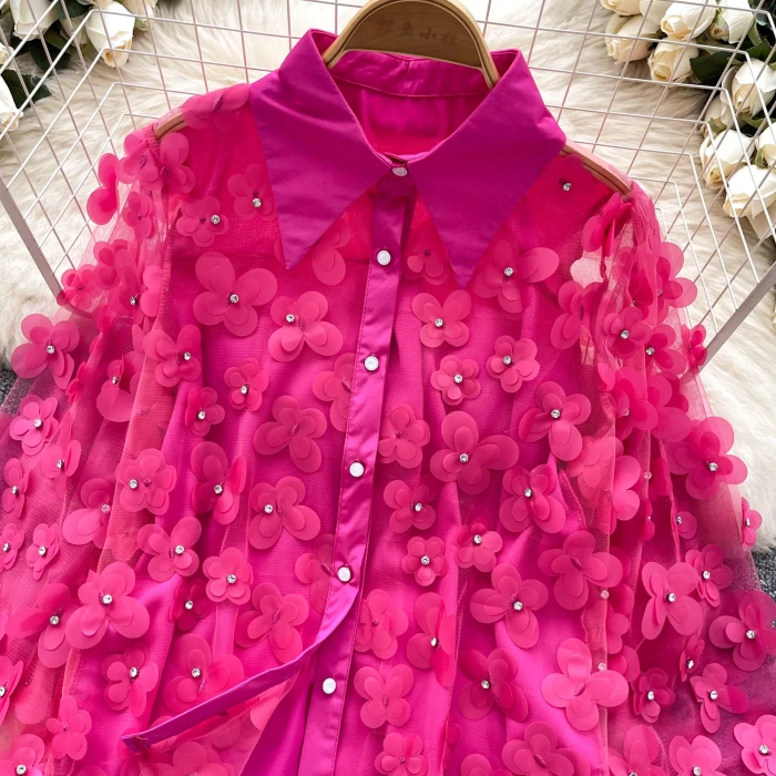 ✨Patchwork 3D Flowers Double Layer Mesh Blouse✨