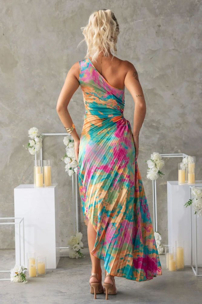 ✨Tied Waist Pleated Printed One Shoulder Sleeveless Dress✨