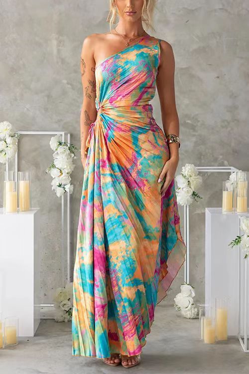 ✨Tied Waist Pleated Printed One Shoulder Sleeveless Dress✨