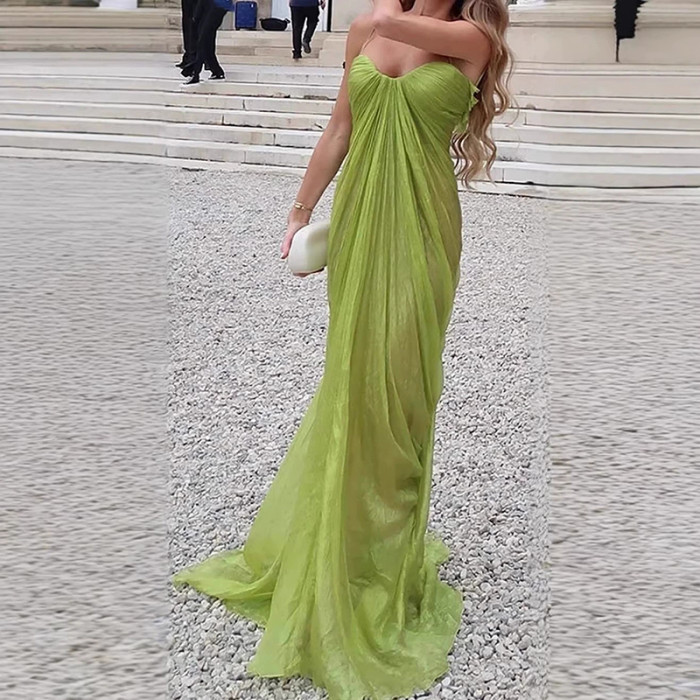 ✨Solid Halter Backless Pleated Chiffon Evening Dress✨