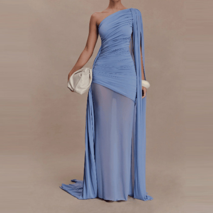 ✨Slash Collar Hollow Ribbon Pleated Evening Dress✨