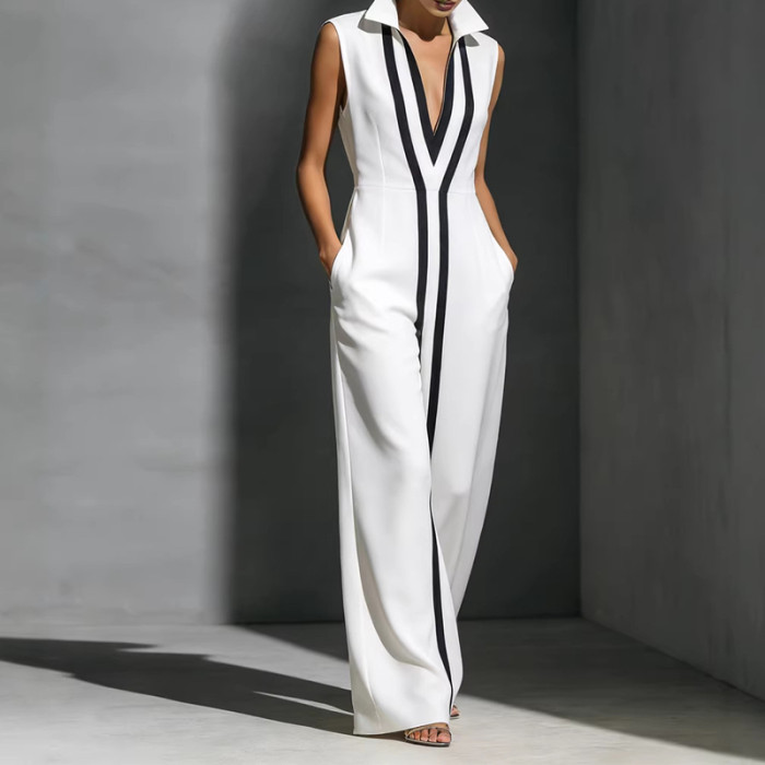 ✨Color Block Lapel Sleeveless Hollow Out Pleated Linen Maxi Dress✨