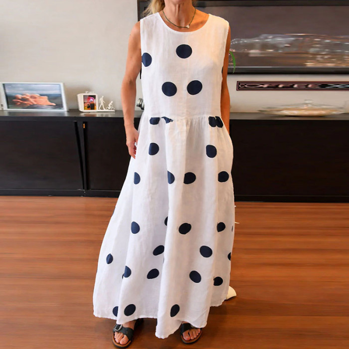 ✨Crew Neck Polka Dot Pleated Maxi Vacation Dress✨