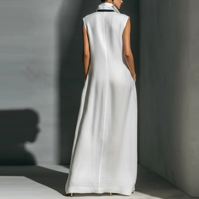 ✨Color Block Lapel Sleeveless Hollow Out Pleated Linen Maxi Dress✨