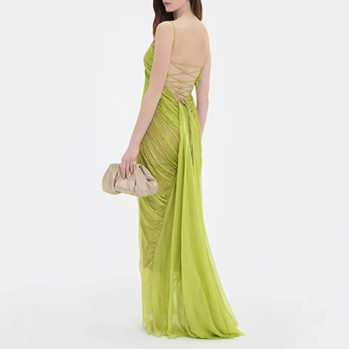 ✨Solid Halter Backless Pleated Chiffon Evening Dress✨