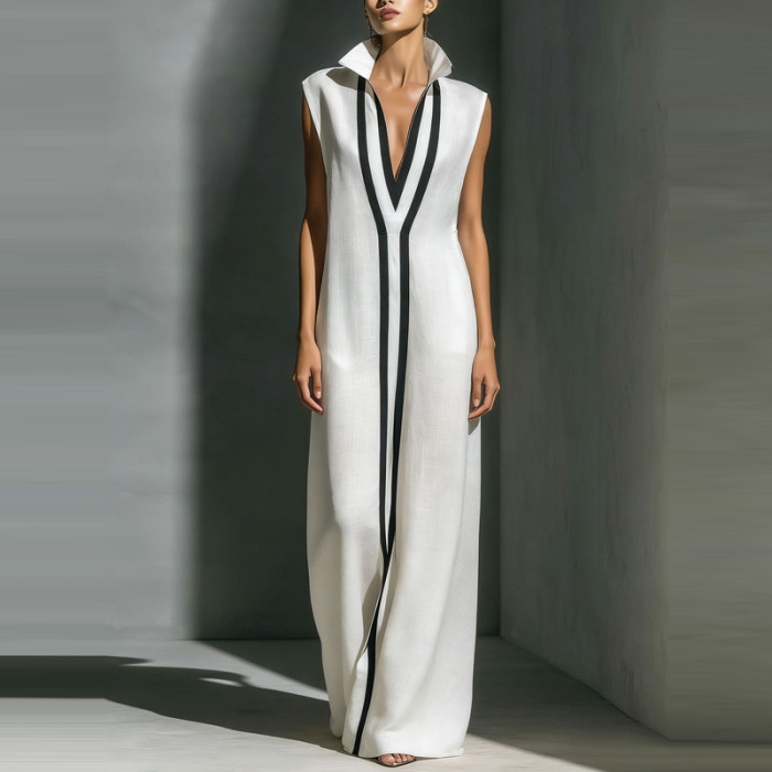 ✨Color Block Lapel Sleeveless Hollow Out Pleated Linen Maxi Dress✨