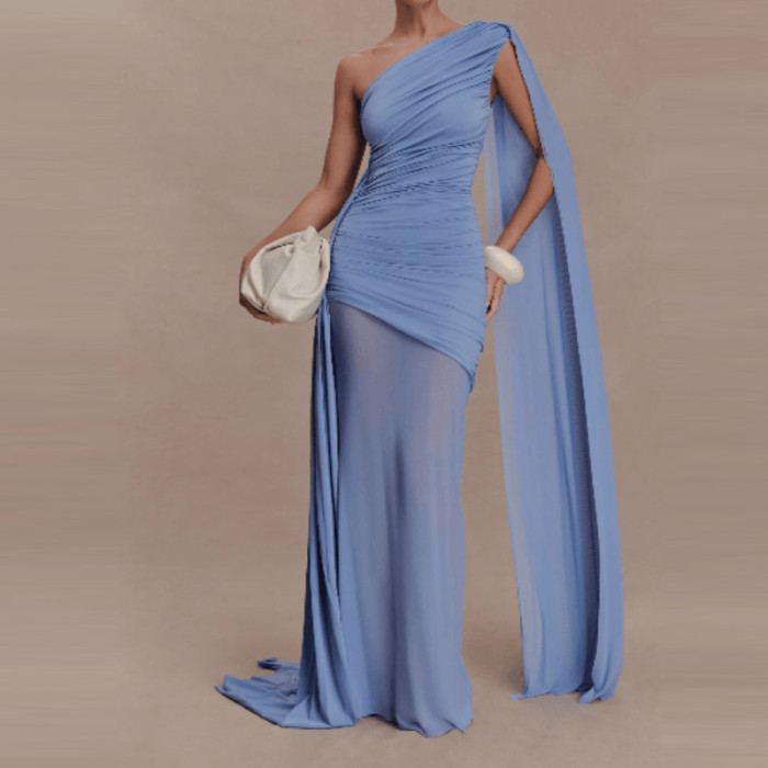 ✨Slash Collar Hollow Ribbon Pleated Evening Dress✨