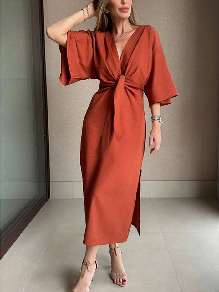 ✨V-Neck Twist Half Sleeve Pleated Midi Dress✨