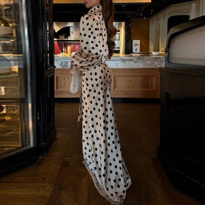 ✨V-neck Polka Dot Lantern Sleeve Satin Maxi Dress✨