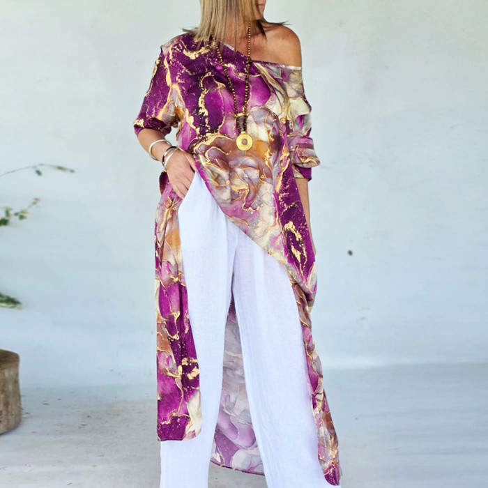 ✨Vintage Print O-Neck Irregular Split Long Sleeve Top✨