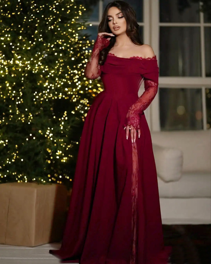 ✨Lace Off Shoulder Hollow Out Long Sleeve Banquet Dress✨