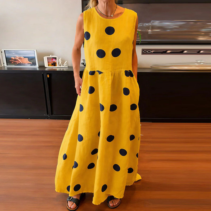 ✨Crew Neck Polka Dot Pleated Maxi Vacation Dress✨