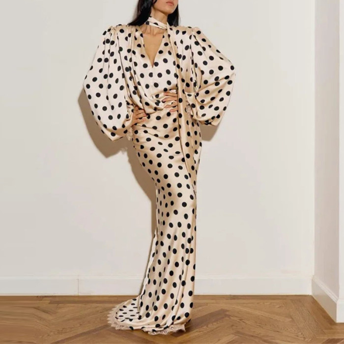 ✨V-neck Polka Dot Lantern Sleeve Satin Maxi Dress✨