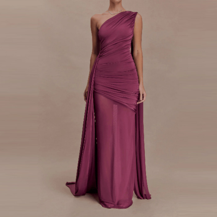 ✨Slash Collar Hollow Ribbon Pleated Evening Dress✨