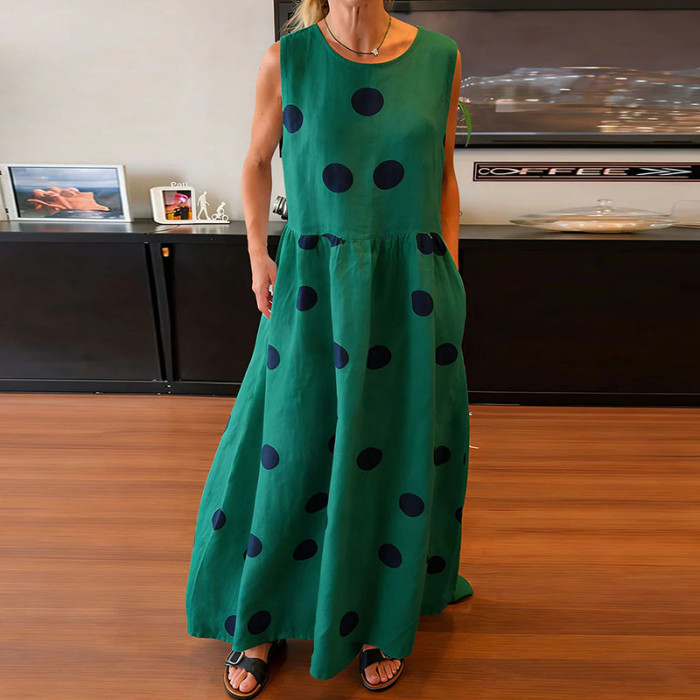 ✨Crew Neck Polka Dot Pleated Maxi Vacation Dress✨