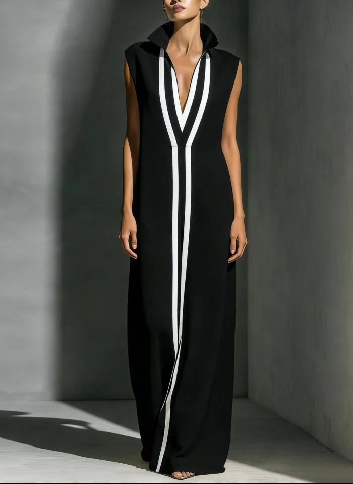 ✨Color Block Lapel Sleeveless Hollow Out Pleated Linen Maxi Dress✨