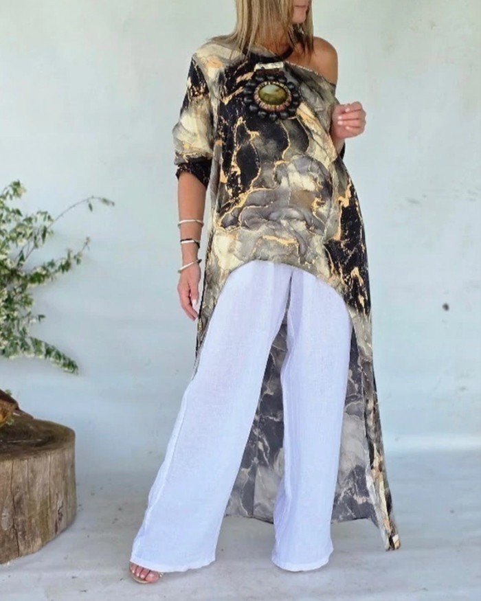 ✨Vintage Print O-Neck Irregular Split Long Sleeve Top✨