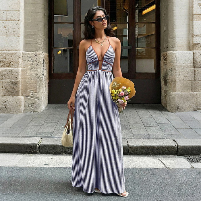 ✨Halter Stripe Hollow Out Backless Beach Dress✨