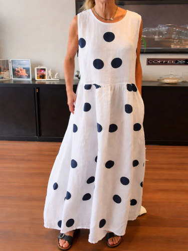✨Crew Neck Polka Dot Pleated Maxi Vacation Dress✨