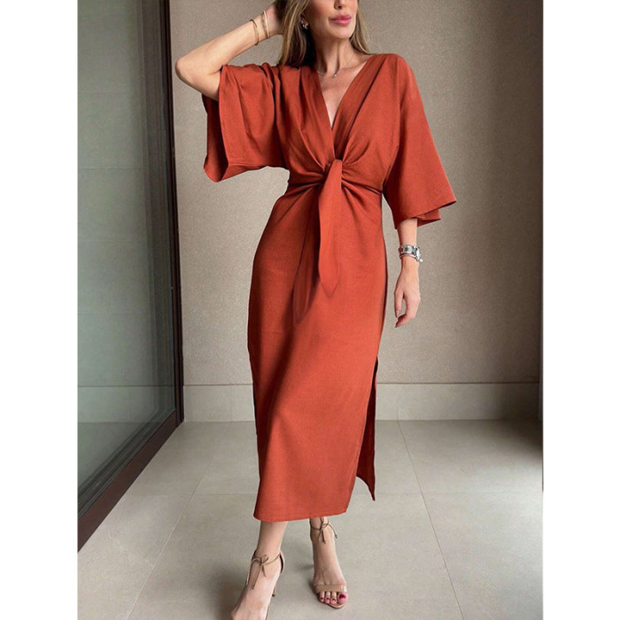 ✨V-Neck Twist Half Sleeve Pleated Midi Dress✨
