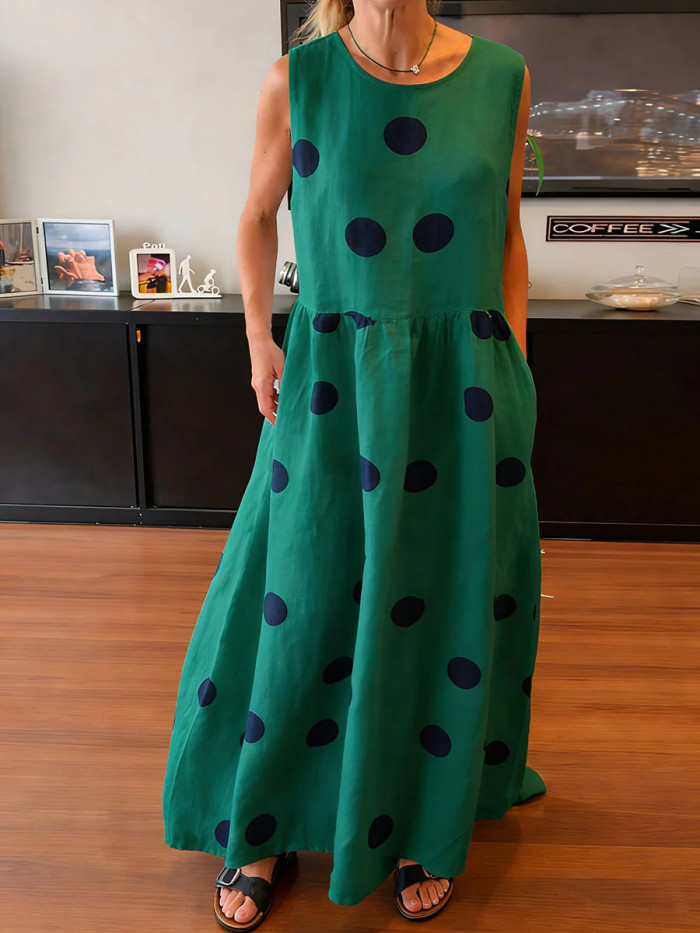 ✨Crew Neck Polka Dot Pleated Maxi Vacation Dress✨