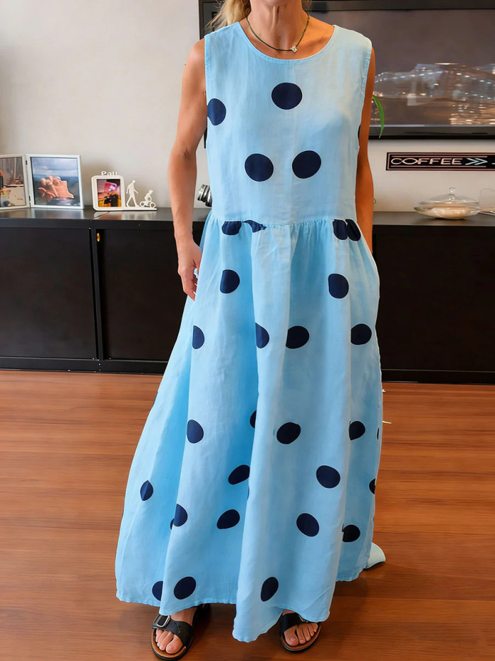 ✨Crew Neck Polka Dot Pleated Maxi Vacation Dress✨