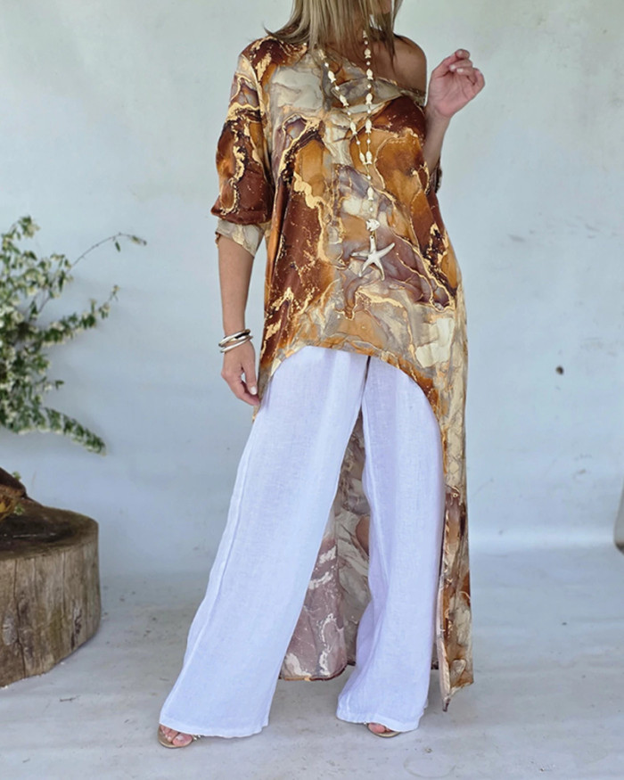 ✨Vintage Print O-Neck Irregular Split Long Sleeve Top✨