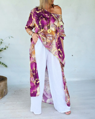 ✨Vintage Print O-Neck Irregular Split Long Sleeve Top✨