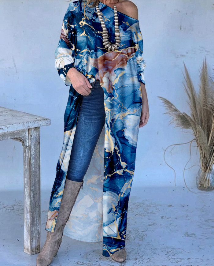 ✨Vintage Print O-Neck Irregular Split Long Sleeve Top✨