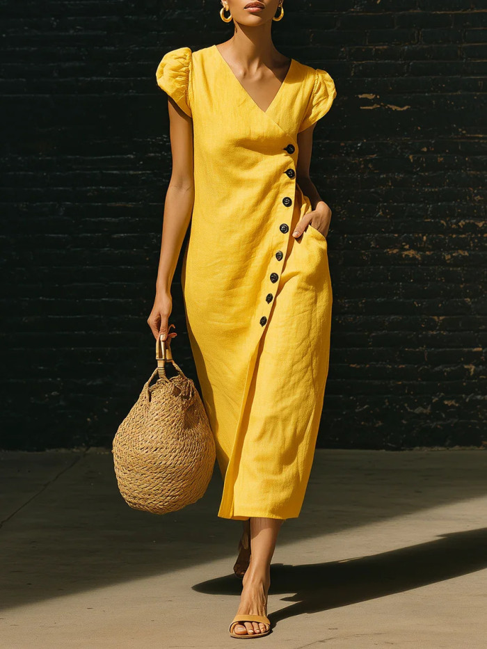 ✨V-neck Puff Sleeve Irregular Solid Maxi Dress✨