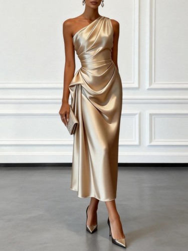 ✨Asymmetry Slash Collar Satin Pleated Midi Dress✨