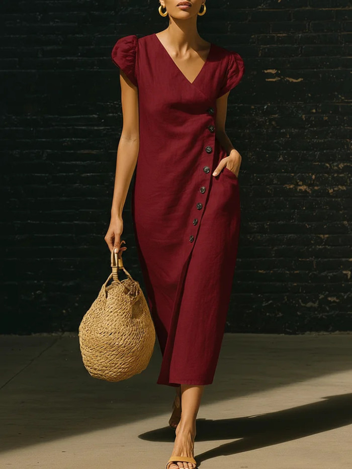 ✨V-neck Puff Sleeve Irregular Solid Maxi Dress✨
