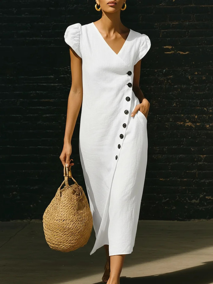 ✨V-neck Puff Sleeve Irregular Solid Maxi Dress✨