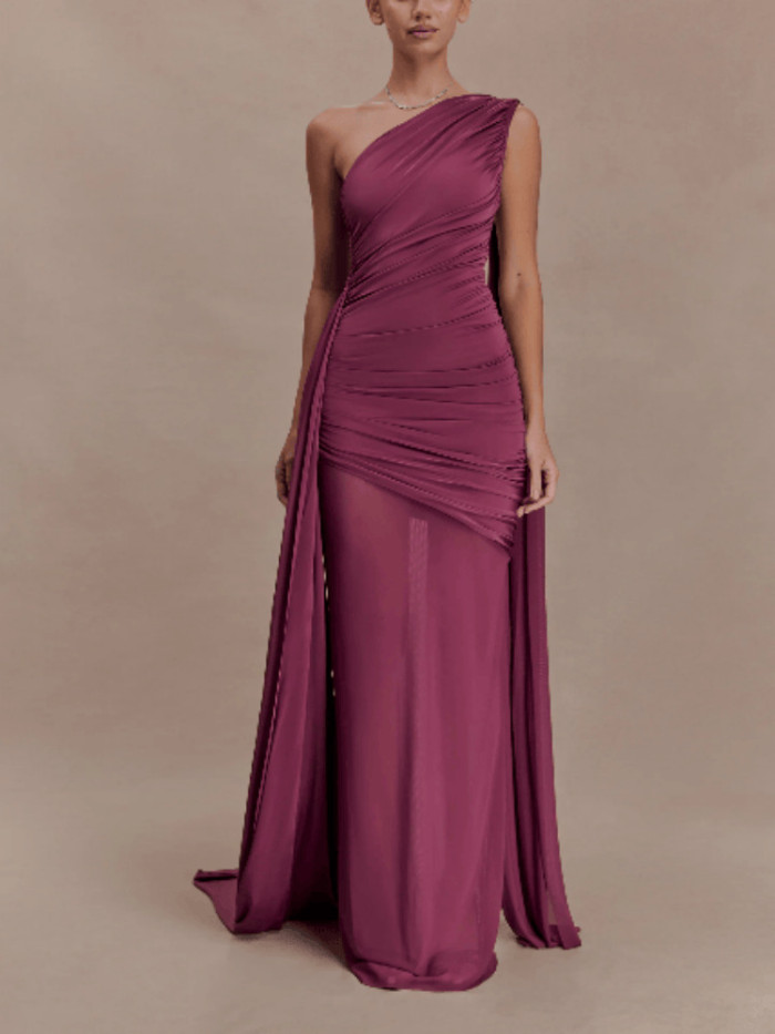✨Slash Collar Hollow Ribbon Pleated Evening Dress✨