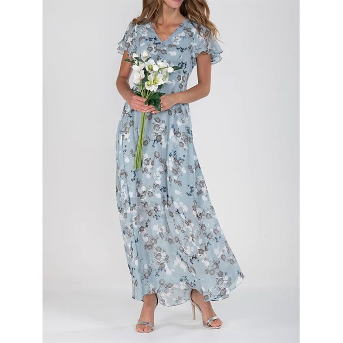 ✨Elegant Chiffon Floral Ruffle V-neck Cinched Waist Maxi Dress✨