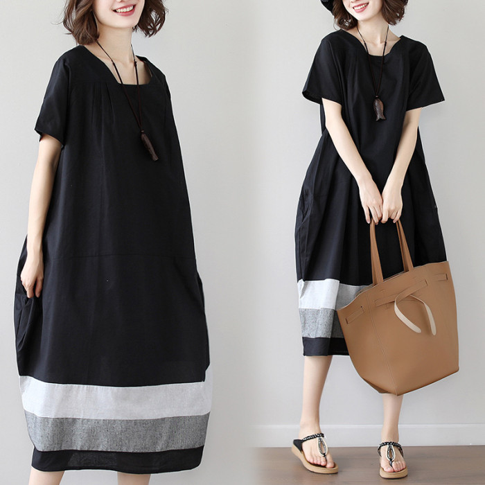 ✨Loose Splicing Striped Cotton Linen Midi Dress✨