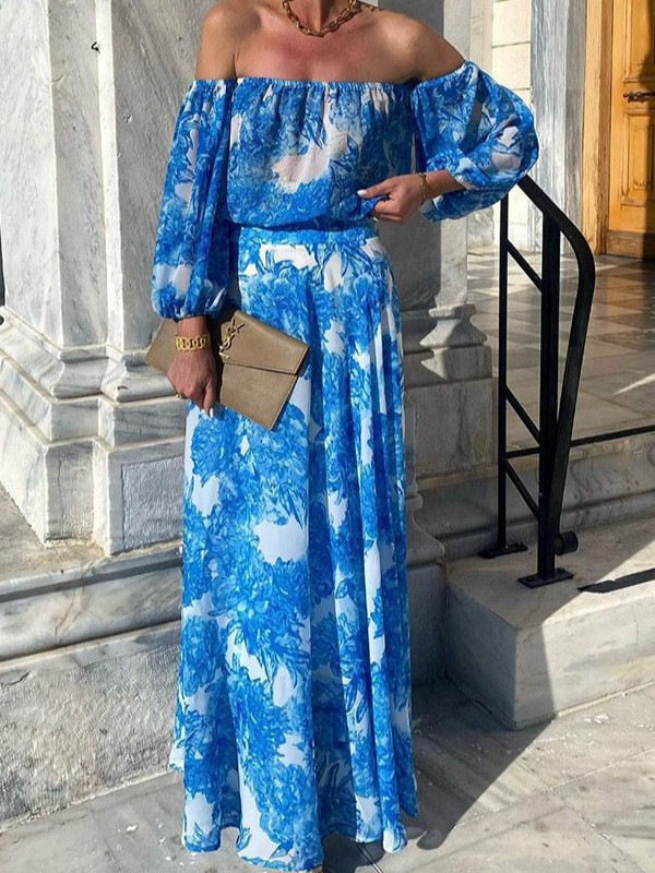 ✨One Shoulder Blue Printed Waist Cinched Maxi Dress✨