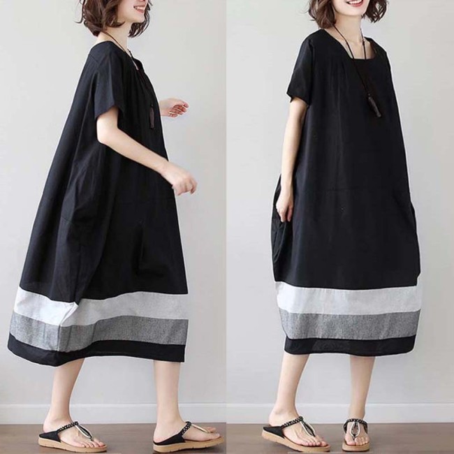 ✨Loose Splicing Striped Cotton Linen Midi Dress✨