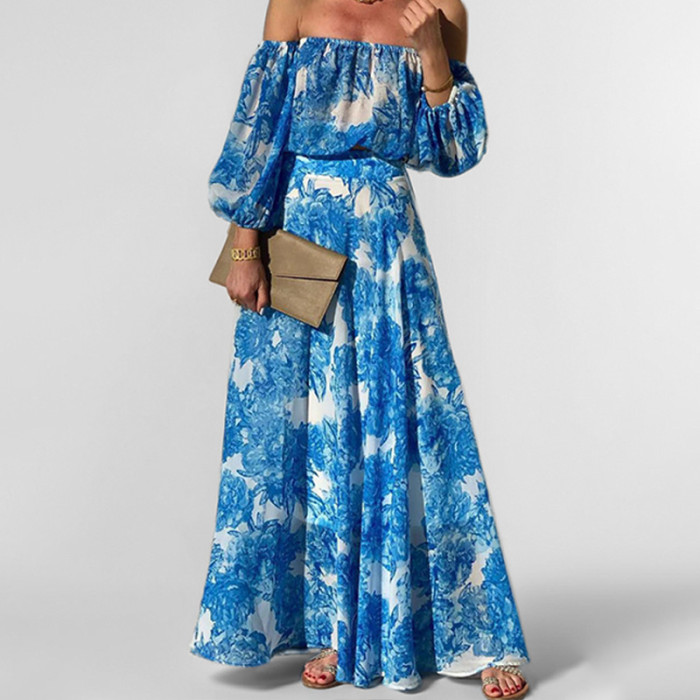 ✨One Shoulder Blue Printed Waist Cinched Maxi Dress✨