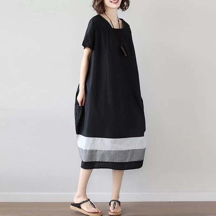 ✨Loose Splicing Striped Cotton Linen Midi Dress✨