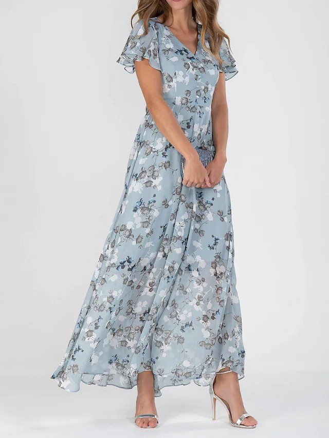 ✨Elegant Chiffon Floral Ruffle V-neck Cinched Waist Maxi Dress✨